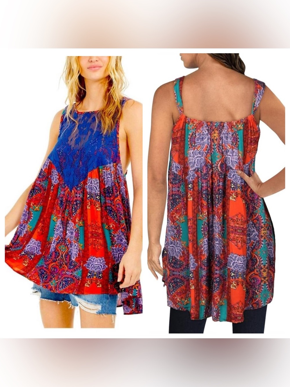 Free People Count Me In Trapeze Tunic Mini Dress Hot Red Combo XS NWOT